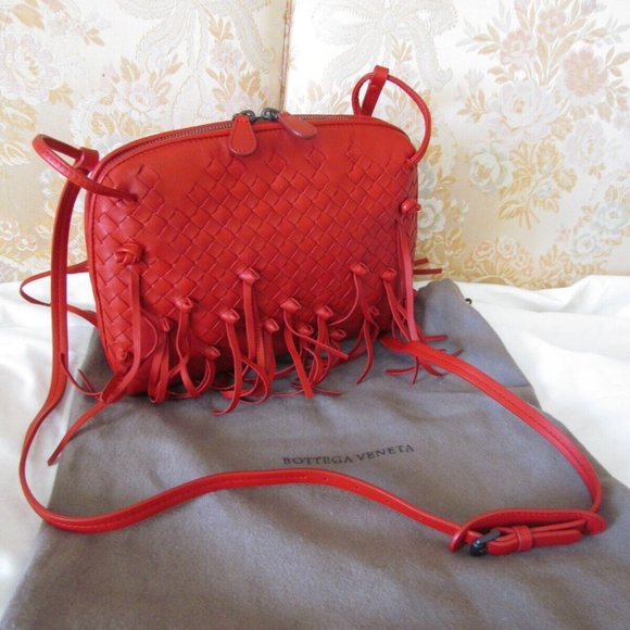 BOTTEGA VENETA Pillow Red Woven Leather Fringe Crossbody Bag/Handbag. Small. - Picture 13 of 16